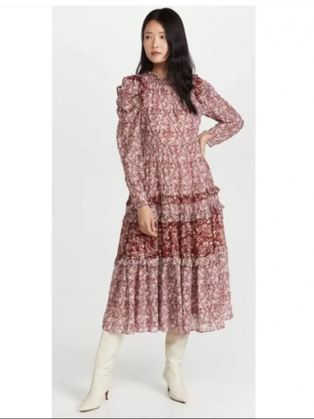 En Saison Dusty Rose Floral Ruffle Tunic Tiered Midi Dress Metalic Accents XS